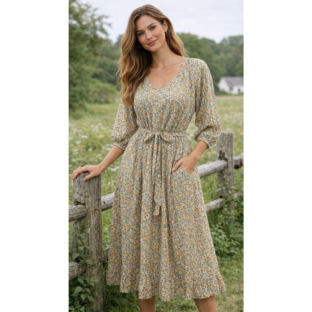 NWT Bobbie Wren Dress M Yellow Floral Ditsy Tiered Ruffled Lined Cottage Core